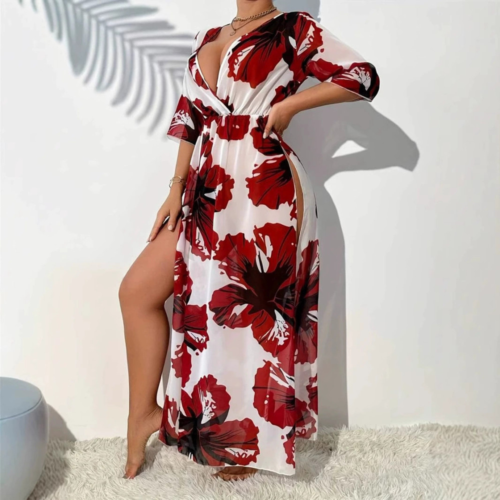 ZARA 4 Way Stretch Floral Print Slit Beach Cover Up Dress - Picture 2 of 6